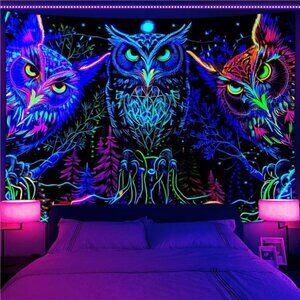 JAWO Blacklight Tapestry UV Reactive, Black Light Trippy Owl Forest Art